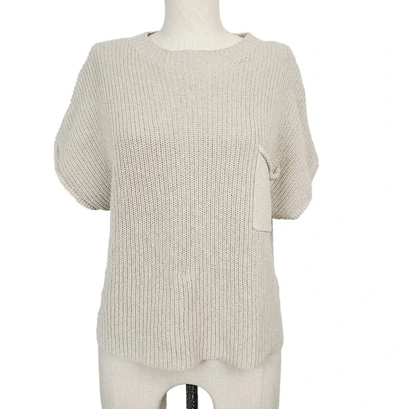 Free People Beach Freya Sweater Beige Cotton Short Sleeve Patch Pocket Top L - Picture 2 of 9